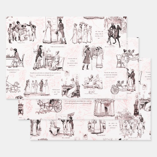 Pride and Prejudice Wine Red Pink Toile Quotes Wrapping Paper Sheet (Set)