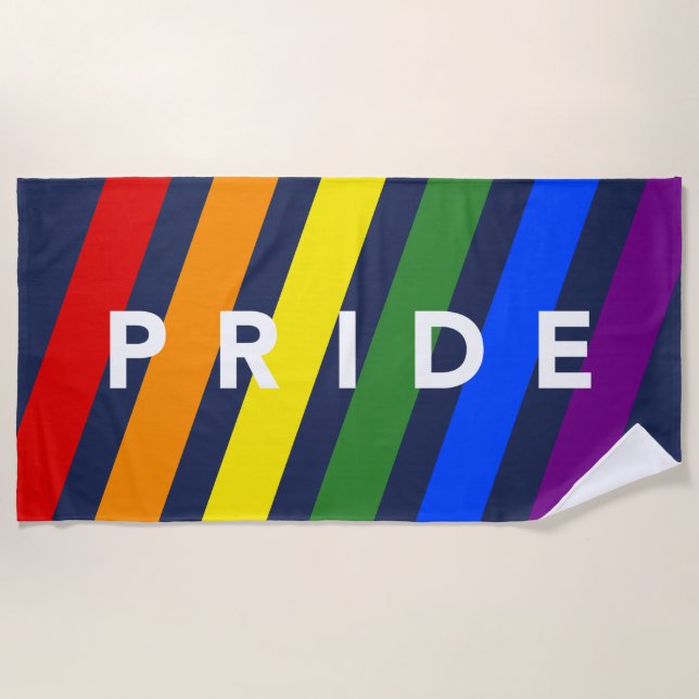 PRIDE Bold Diagonal Rainbow Stripes on Navy Blue Beach Towel (Front)