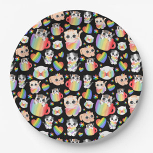 Pride cat and rainbow hearts seamless pattern paper plate