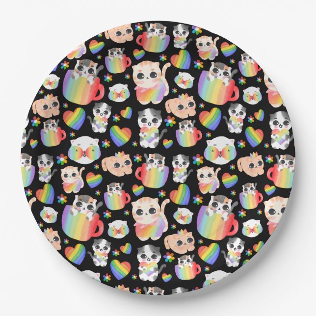 Pride cat and rainbow hearts seamless pattern paper plate (Front)