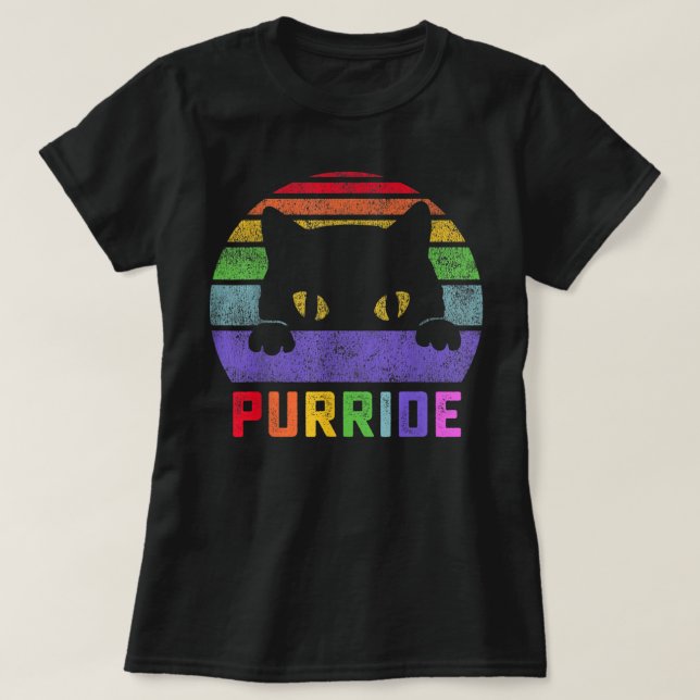 Pride Cat Purride Gay LGBTQ Rainbow Flag Retro Sty T-Shirt (Design Front)