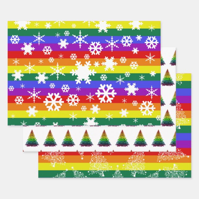 Pride Flag Christmas Tree Snowflake Pattern Wrapping Paper Sheet (Set)