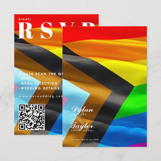 Pride Flag Typography QR Code Wedding RSVP Card (Front/Back)