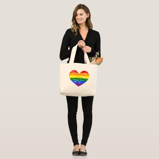 Pride Hearts Crayon Rainbow LGBT Flag Heart Large Tote Bag (Front (Model))