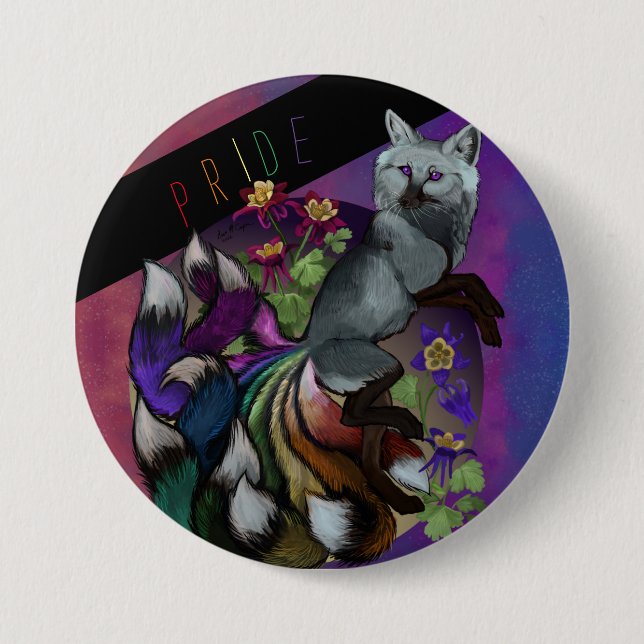 Pride Kitsune and Columbine Flowers 3 Inch Round Button (Front)