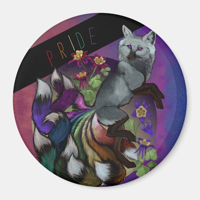 Pride Kitsune and Columbine Flowers Button Magnet (Front)