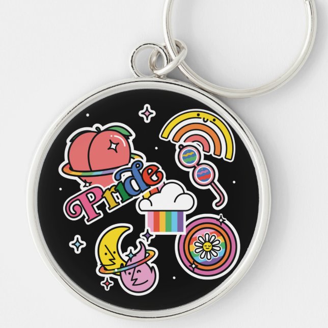 Pride+LGBTQ. Love pride. Rainbow heart with flower Keychain (Front)