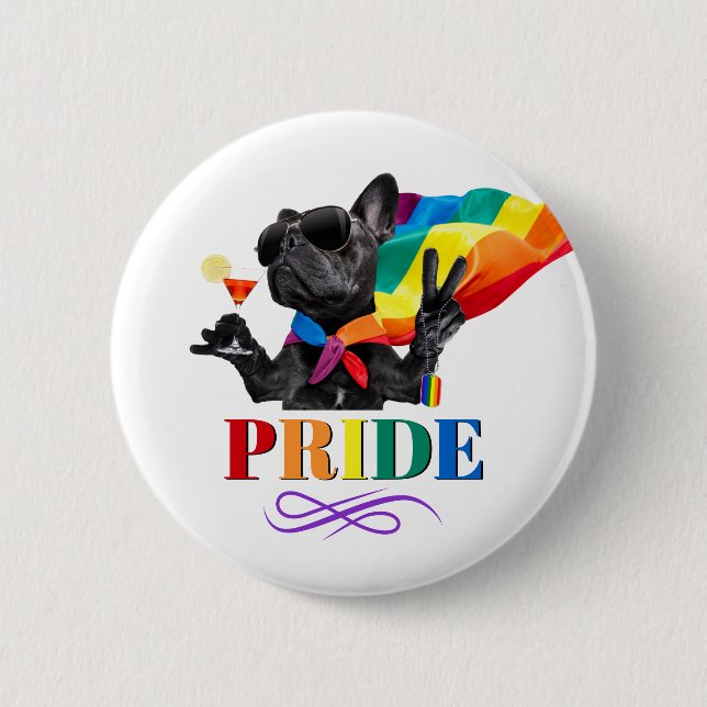 Pride Party Dog in Rainbow Cape 2 Inch Round Button (Front)