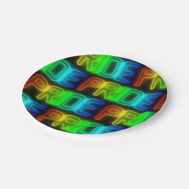Pride Pattern Neon Rainbow Flag LGBT Typography Paper Plate (Angled)