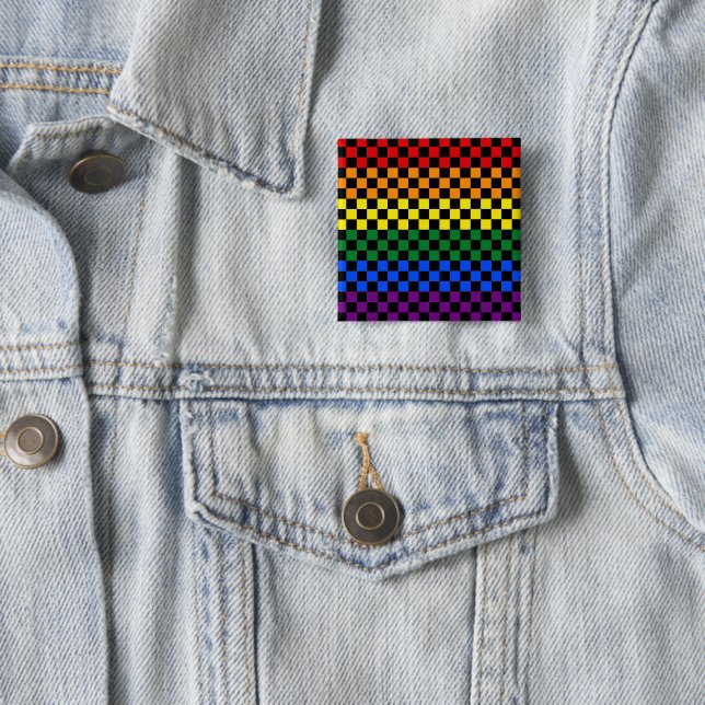 Pride Patterns | Rainbow Checkers 2 Inch Square Button (In Situ)