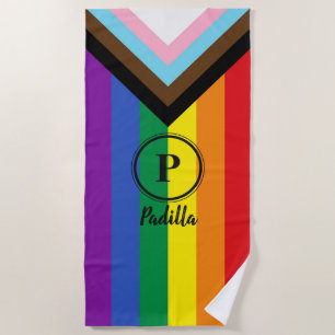 Pride Progress Flag Black Custom Monogram LGBT Beach Towel