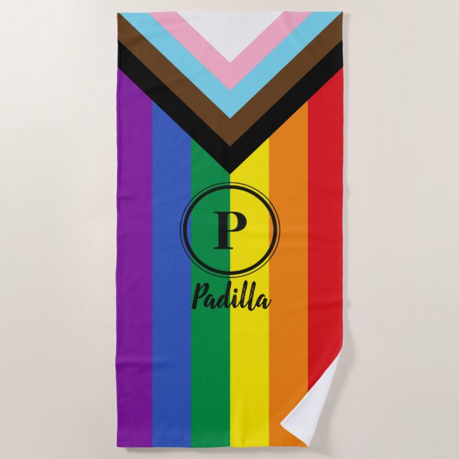 Pride Progress Flag Black Custom Monogram LGBT Beach Towel (Front)