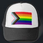 Pride Progress Flag  - trans and POC inclusive Trucker Hat<br><div class="desc">It's a twist on the traditional rainbow flag,  created by artist Daniel Quasar,  that includes black and brown stripes for people of colour and the colours of the trans flag in an arrow to indicate progress.</div>
