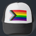 Pride Progress Flag  - trans and POC inclusive Trucker Hat<br><div class="desc">It's a twist on the traditional rainbow flag,  created by artist Daniel Quasar,  that includes black and brown stripes for people of colour and the colours of the trans flag in an arrow to indicate progress.</div>