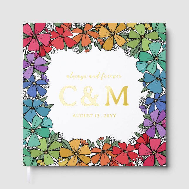 Pride Rainbow Floral Wreath Gold LGBTQ Wedding Guest Book (Front)