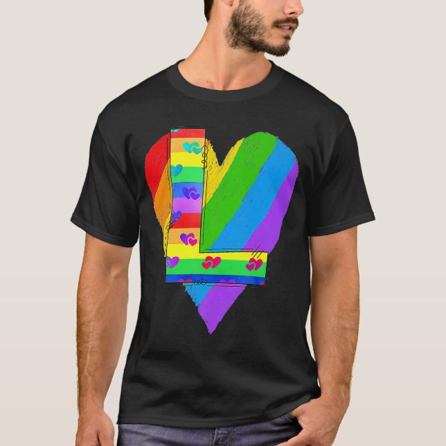 Pride Rainbow Letter L Initial Name Monogram Queer T-Shirt (Front)