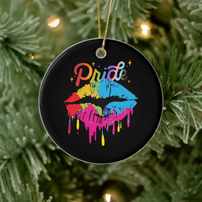 Pride Rainbow Lips | LGBTQ | Dripping Lips Ceramic Ornament (Tree)