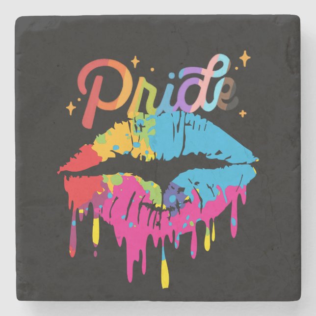 Pride Rainbow Lips | LGBTQ | Dripping Lips Stone Coaster (Front)