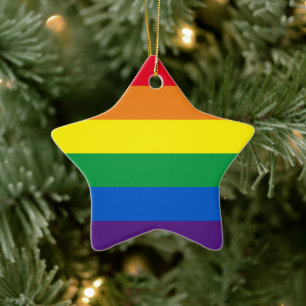 Pride rainbow stripes LGBT gay flag star Christmas Ceramic Ornament