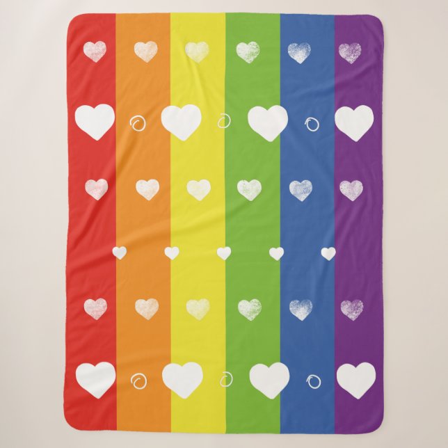 Pride Rainbow | White Hearts | Sherpa Blanket (Front)