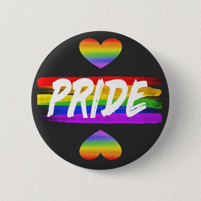PRIDE white against rainbow flag and two hearts 2 Inch Round Button (Front)