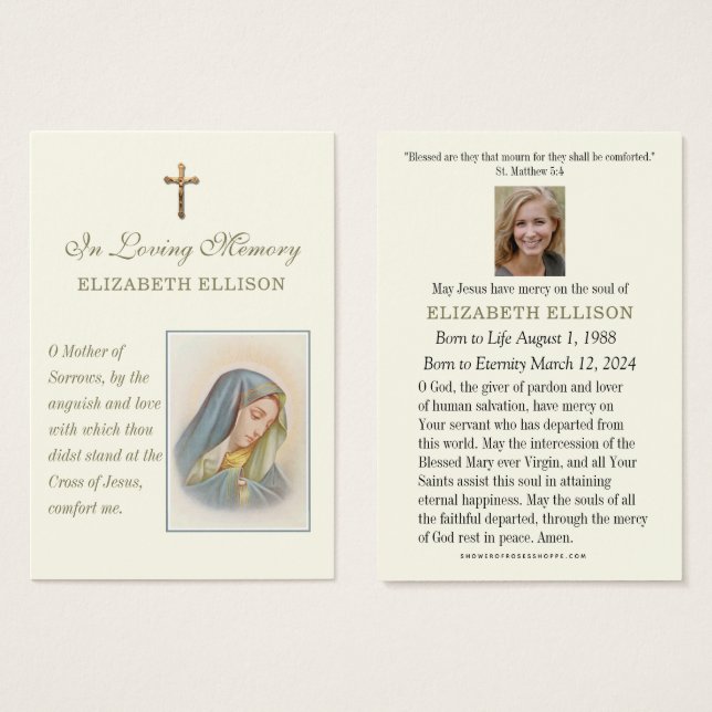 Prière commémorative catholique triste Mary funéra (Devant & derrière)