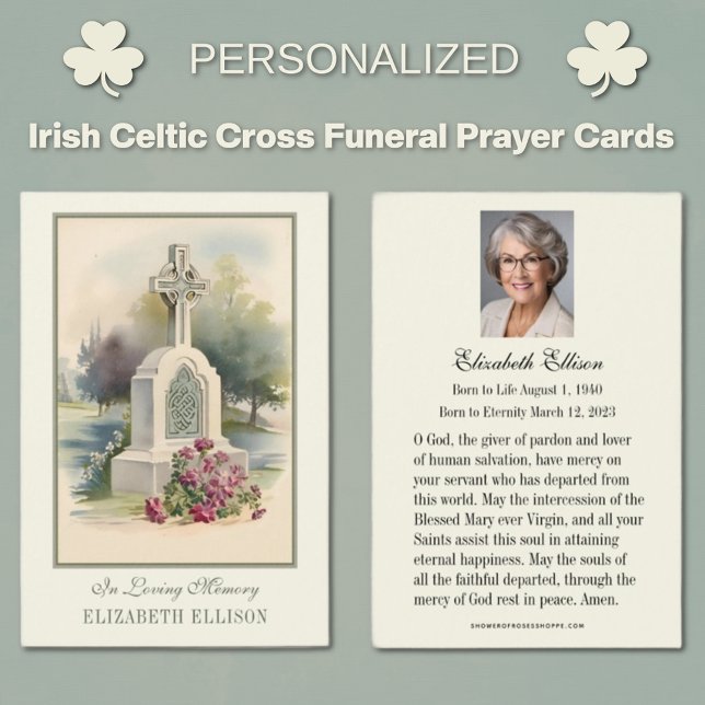 Prière commémorative de Croix celtique irlandaise (Traditional Catholic Irish Celtic Cross with Roses Funeral Memorial Prayer Cards)