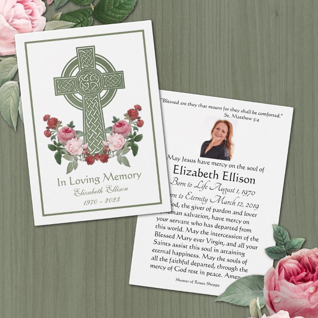 Prière commémorative de la Croix celtique Moss Gre (Traditional Catholic Irish Celtic Cross with roses funeral prayer card)