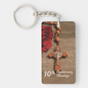 Priest 10th Ordination Anniversary Rose and Rosary Keychain