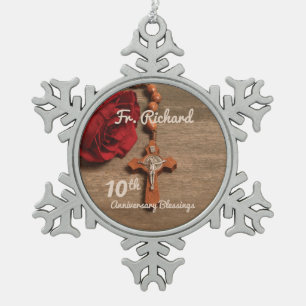 Priest 10th Ordination Anniversary Rose and Rosary Snowflake Pewter Christmas Ornament