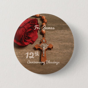 Priest 12th Ordination Anniversary Rose and Rosary 2 Inch Round Button