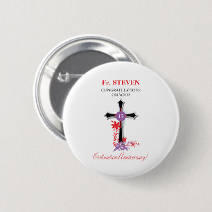 Priest 15th Ordination Anniversary Black Cross 2 Inch Round Button