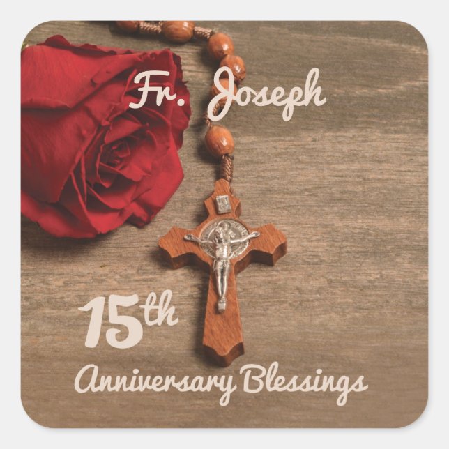 Priest 15th Ordination Anniversary Rose and Rosary Square Sticker (Front)