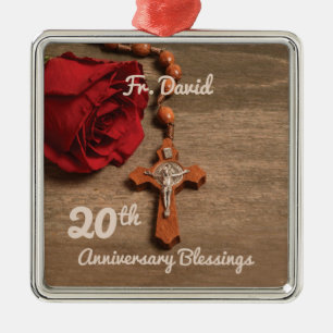 Priest 20th Ordination Anniversary Rose and Rosary Metal Ornament