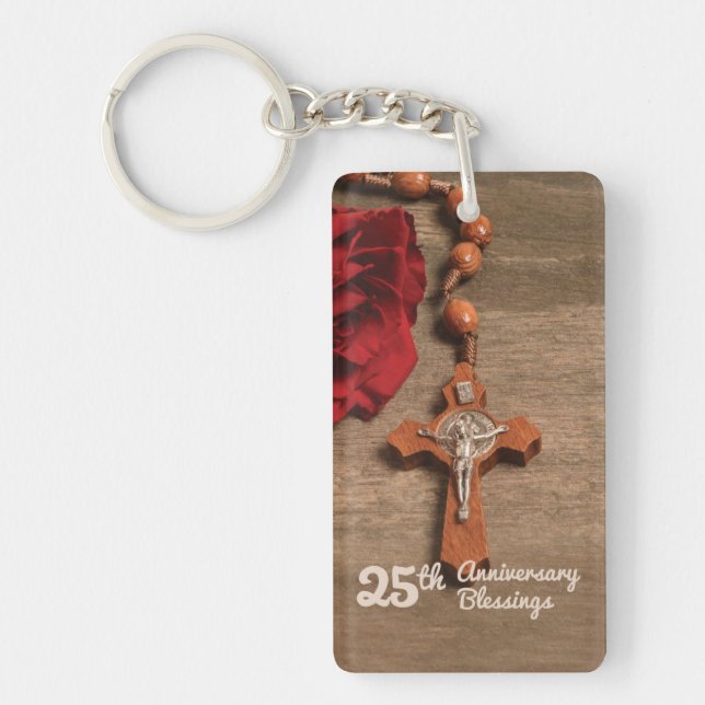 Priest 25th Ordination Anniversary Rose and Rosary Keychain (Front)
