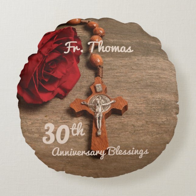 Priest 30th Ordination Anniversary Rose and Rosary Round Pillow (Front)