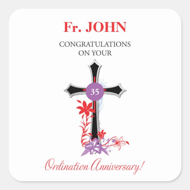 Priest 35th Ordination Anniversary Black Cross Square Sticker (Front)