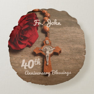 Priest 40th Ordination Anniversary Rose and Rosary Round Pillow