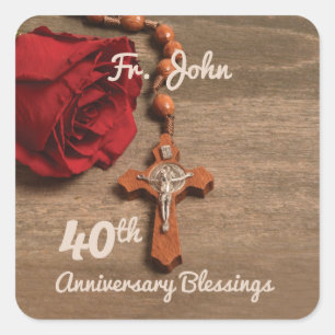 Priest 40th Ordination Anniversary Rose and Rosary Square Sticker