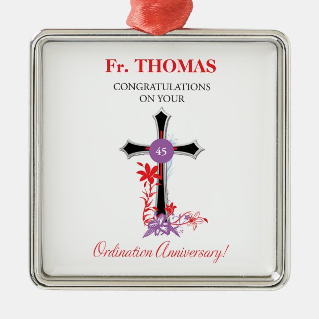Priest 45th Ordination Anniversary Black Cross Metal Ornament (Front)