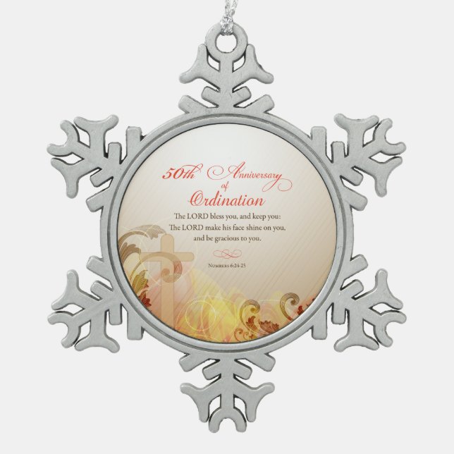 Priest, 50th Anniversary of Ordination Blessing Snowflake Pewter Christmas Ornament (Front)