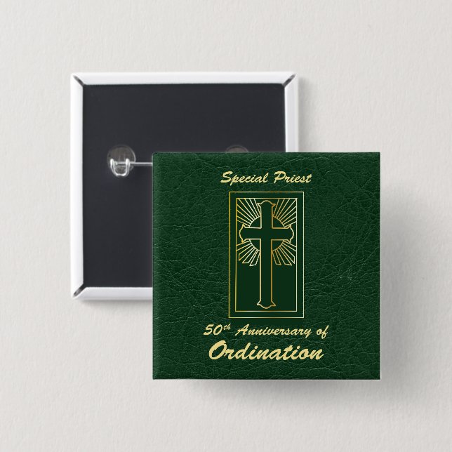 Priest 50th Anniversary of Ordination Leather Look 2 Inch Square Button (Front & Back)