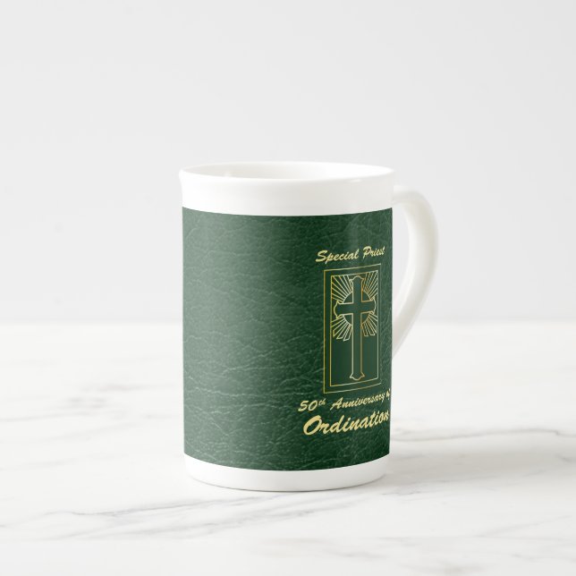 Priest 50th Anniversary of Ordination Leather Look Bone China Mug (Front Right)