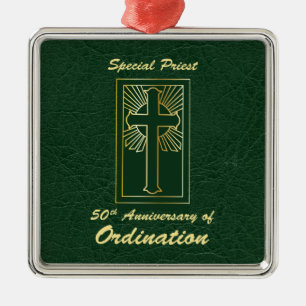 Priest 50th Anniversary of Ordination Leather Look Metal Ornament