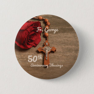 Priest 50th Ordination Anniversary Rose and Rosary 2 Inch Round Button