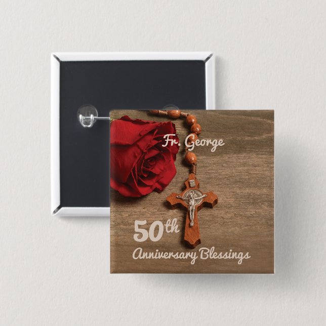 Priest 50th Ordination Anniversary Rose and Rosary 2 Inch Square Button (Front & Back)