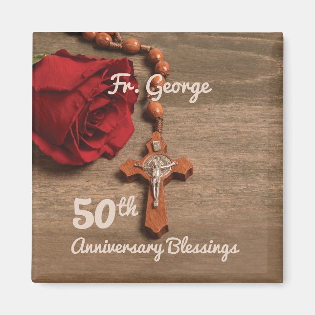 Priest 50th Ordination Anniversary Rose and Rosary Magnet (Front)