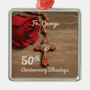 Priest 50th Ordination Anniversary Rose and Rosary Metal Ornament
