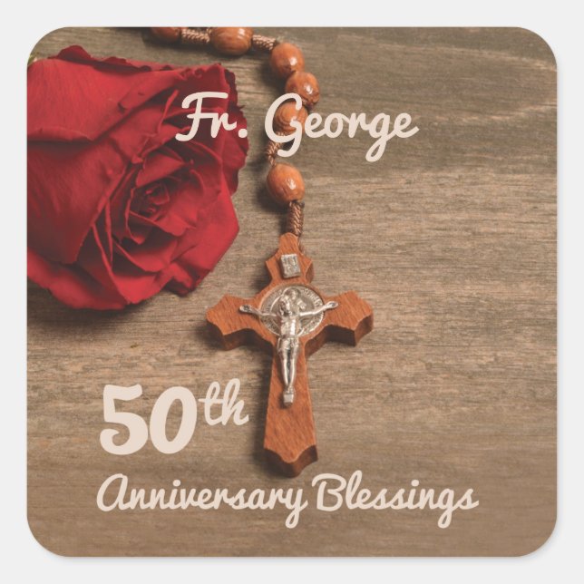 Priest 50th Ordination Anniversary Rose and Rosary Square Sticker (Front)
