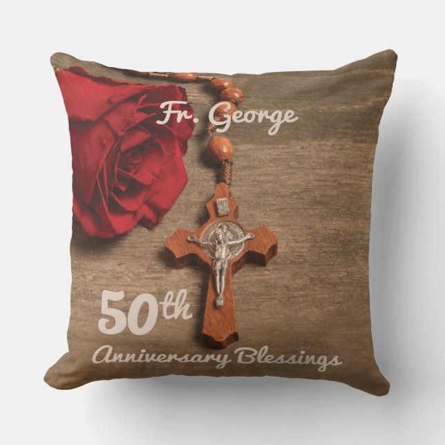 Priest 50th Ordination Anniversary Rose and Rosary Throw Pillow (Front)